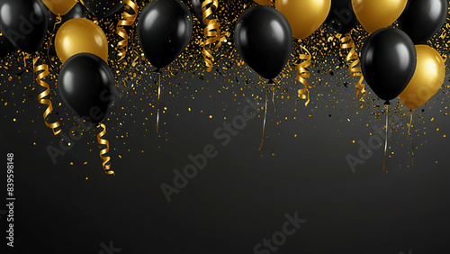 An image of gold baloons illustration on black background presentation template. Ai generative 