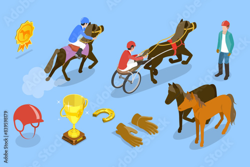 3D Isometric Flat Vector Set of Equestrian Elements, Horse Riding