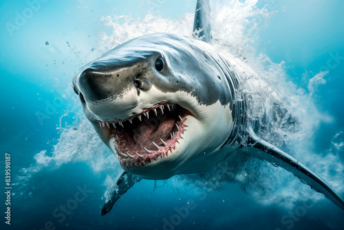 Close-up of a white shark with sharp teeth in an open mouth swimming in blue water