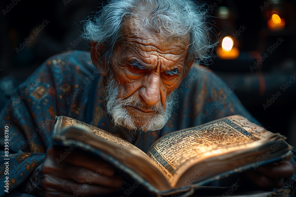 tranquil scene of elderly man reading Quran light of oil lamp during EidalAdha captured macro lens focus on the interaction and the spiritual significance using HDR techniques for depth and vibrancy tranquil scene of elderly man reading Quran light of oil lamp during EidalAdha captured macro lens focus on the interaction and the spiritual significance using HDR techniques for depth and vibrancy