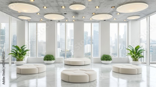 White futuristic office interior with panoramic windows and concrete floor  white curved seating for plants