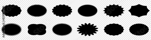 Set of vector sticker icon featuring a black star-shaped label for promotions or quality assurance. This versatile design element can be used as a template for your blank designs
