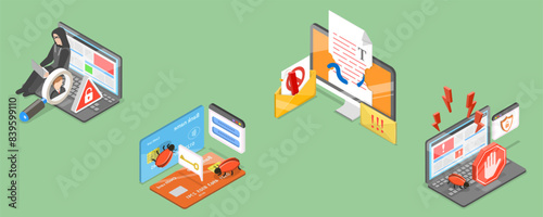 3D Isometric Flat Vector Illustration of Computer Crime, Cyber Security Breach