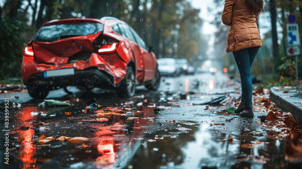 Fototapeta premium Woman walking toward crashed red vehicle