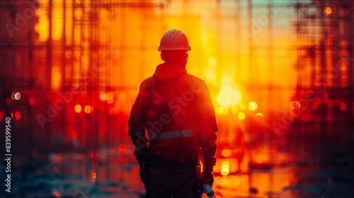 Wallpaper Mural Blueprint Double Exposure Construction Worker Close Up. Torontodigital.ca