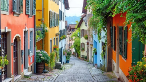 A quaint European street lined with colorful buildings.