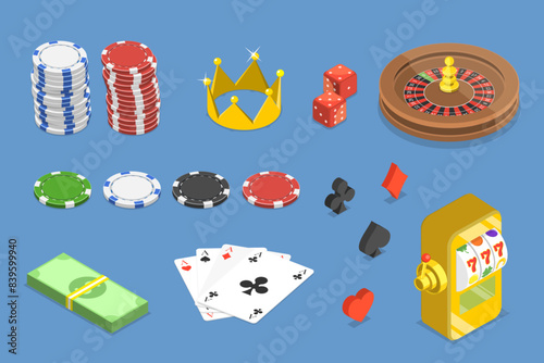 3D Isometric Flat Vector Set of Casino Elements, Casino Roulette, Playing card or Dice Game