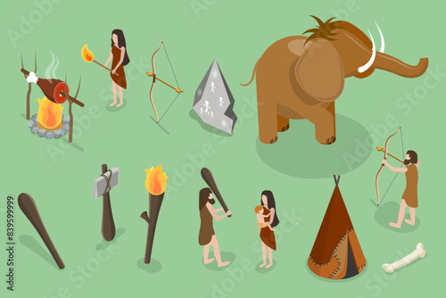 3D Isometric Flat Vector Set of Stone Age Elements, Primitive Humen