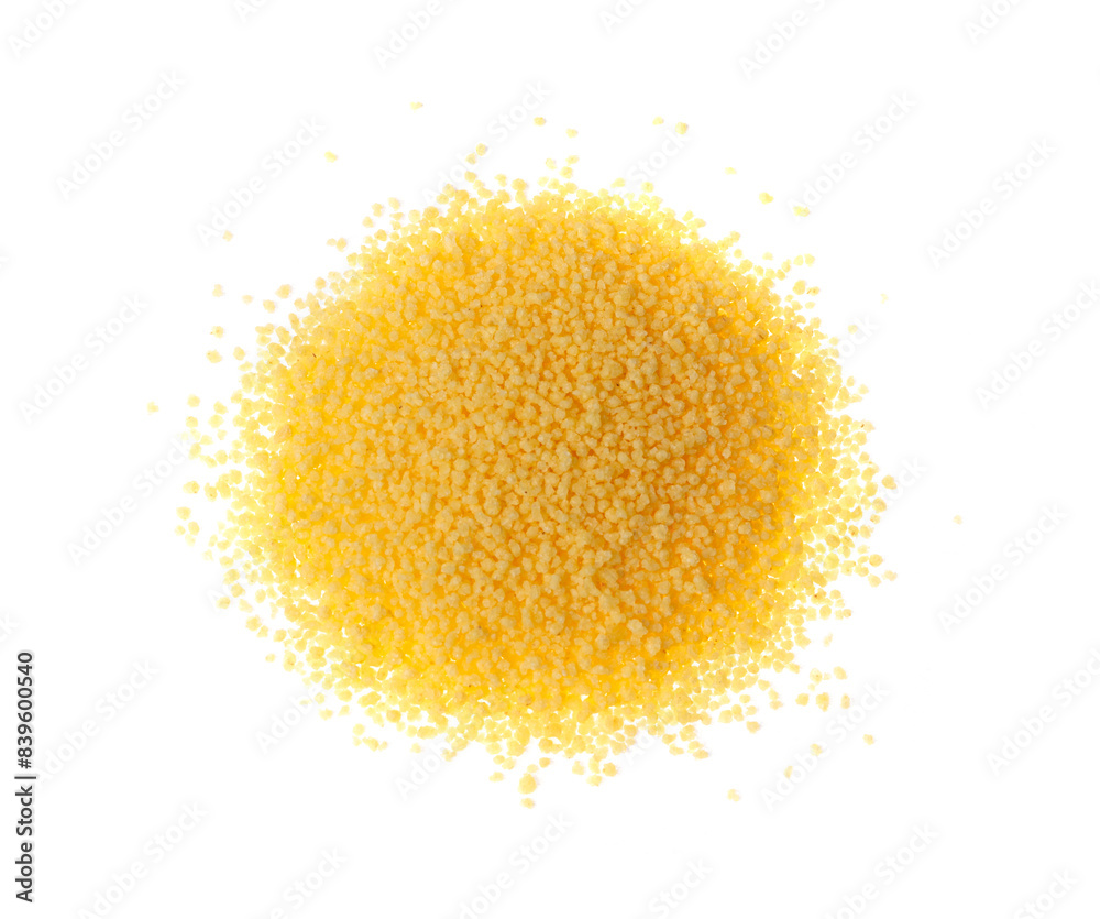 Couscous pile isolated. Dry cuscus, raw kuskus, uncooked cous cous or semolina granules on white Couscous pile isolated. Dry cuscus, raw kuskus, uncooked cous cous or semolina granules on white
