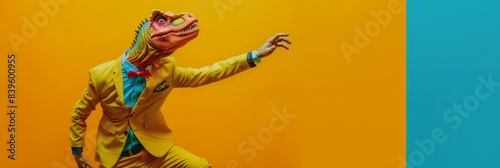 Freak in dinosaur mask dancing, masquerade, absurd carnival, having fun in costume party, weird mask head