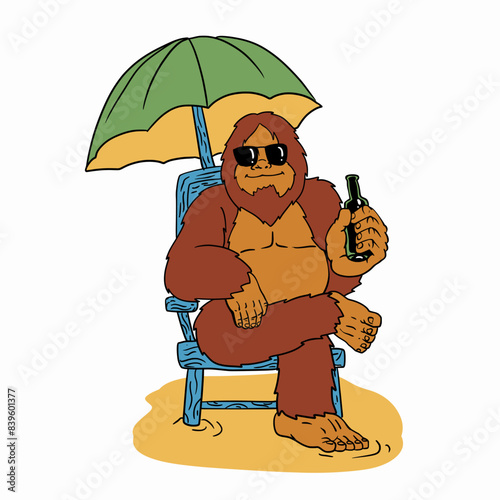 Bigfoot Sitting on a Beach Chair Holding a Beer Vector Illustration