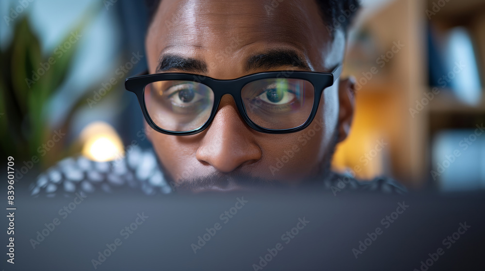 A man with glasses is looking at a computer screen. Concept of focus and concentration as the man stares intently at the screen. The glasses add a touch of sophistication and intelligence to the scene A man with glasses is looking at a computer screen. Concept of focus and concentration as the man stares intently at the screen. The glasses add a touch of sophistication and intelligence to the scene