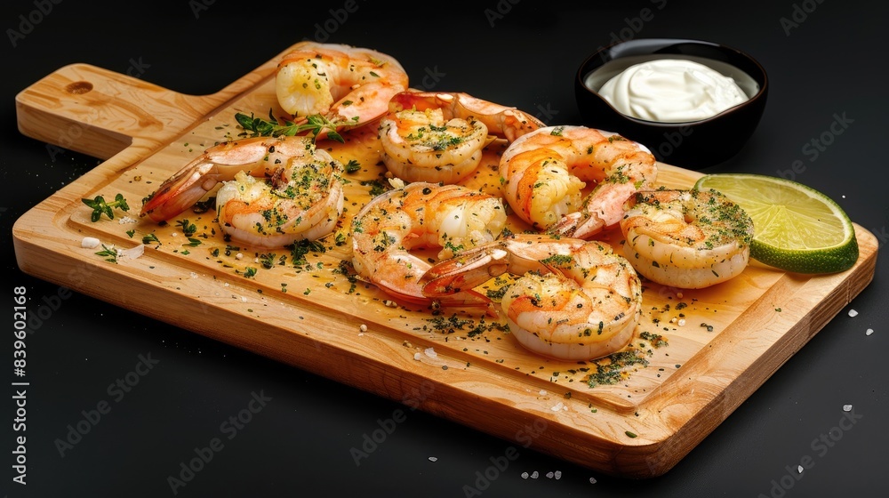Grilled shrimp with lime, ranch sauce and herbs on a wooden board over a black background in a top view. Grilled shrimp with lime, ranch sauce and herbs on a wooden board over a black background in a top view.
