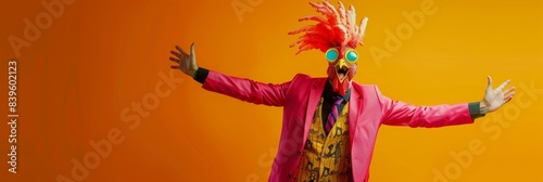 Freak in chicken mask dancing, masquerade, absurd carnival, having fun in costume party, weird mask head