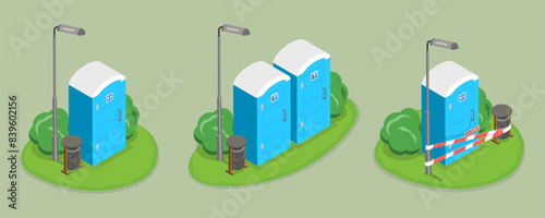 3D Isometric Flat Vector Set of Portable Toilets, Public Convenience Facilities
