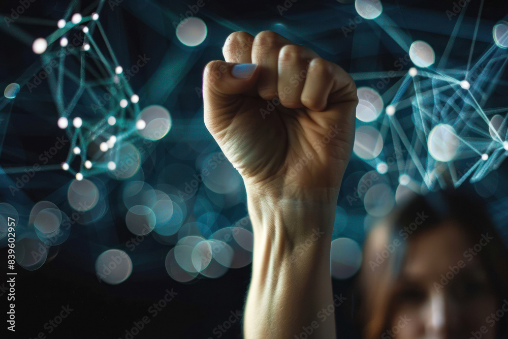 Raised fist with digital network overlay Raised fist with digital network overlay