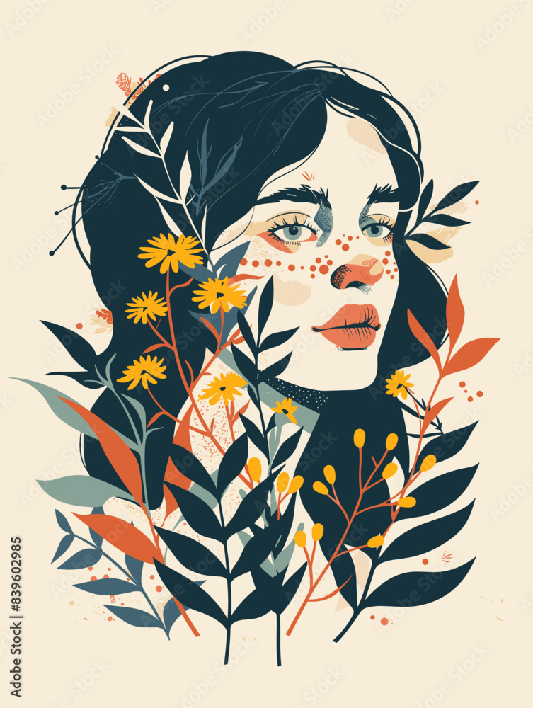 A woman with a flowery headdress and a flowery background A woman with a flowery headdress and a flowery background
