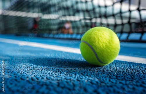 Tennis ball is seen on the court near the net 