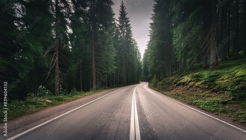 Fototapeta premium loneliness asphalt road through fog rainy forest