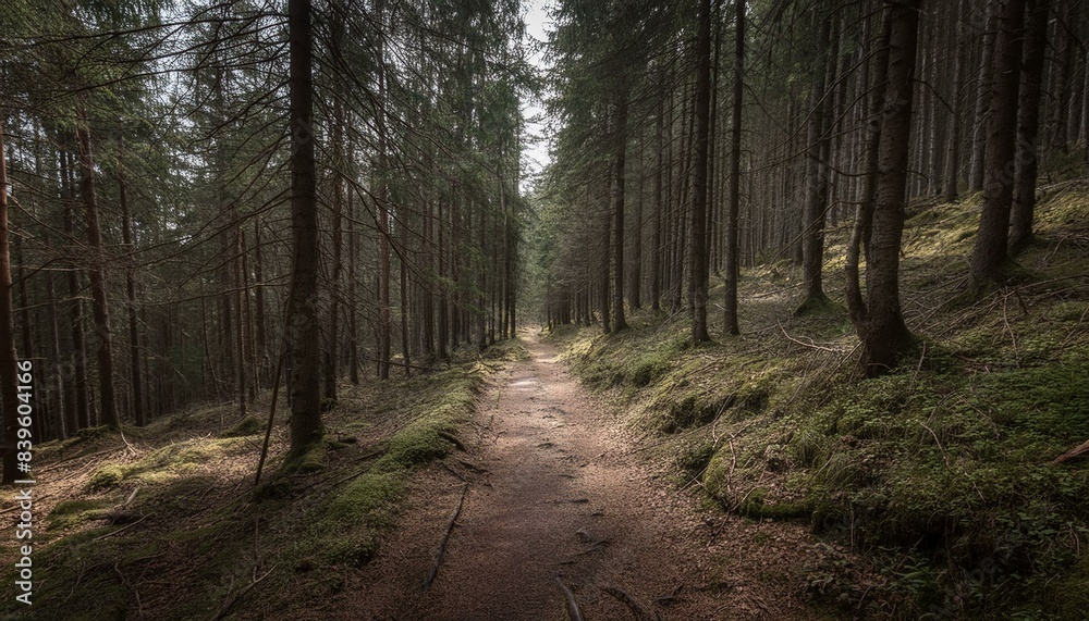 Fototapeta premium trail in foggy gloomy wet dark forest