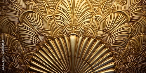 Vintage 1920s Gold-Plated Relief Sculpture with Art Deco Palm Fan Pattern. Concept Vintage Art Deco Decor, Golden Relief Sculpture, 1920s Palm Fan Design photo