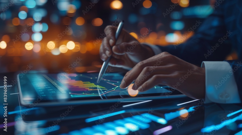 A businessman analyzing financial graphs and charts on a tablet, making strategic decisions for wealth management A businessman analyzing financial graphs and charts on a tablet, making strategic decisions for wealth management