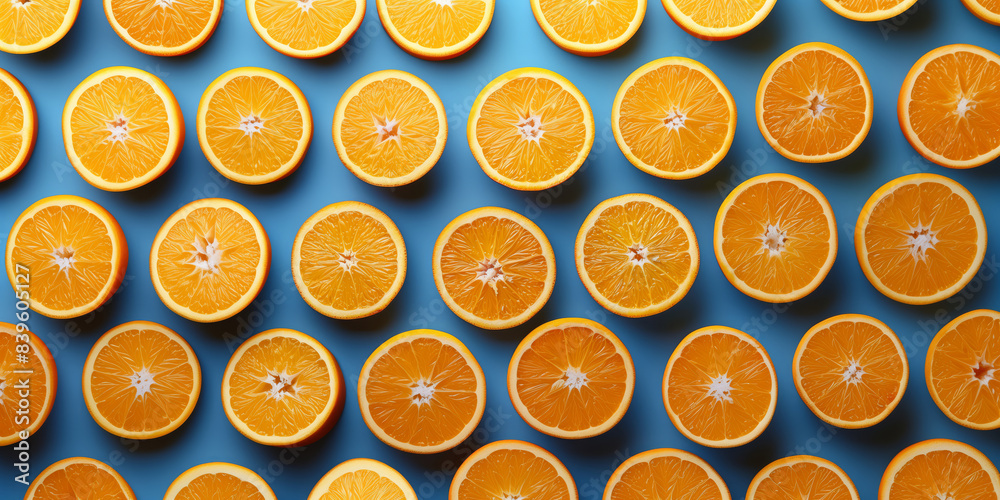 Fresh oranges overhead view laying flat in a  repeated pattern