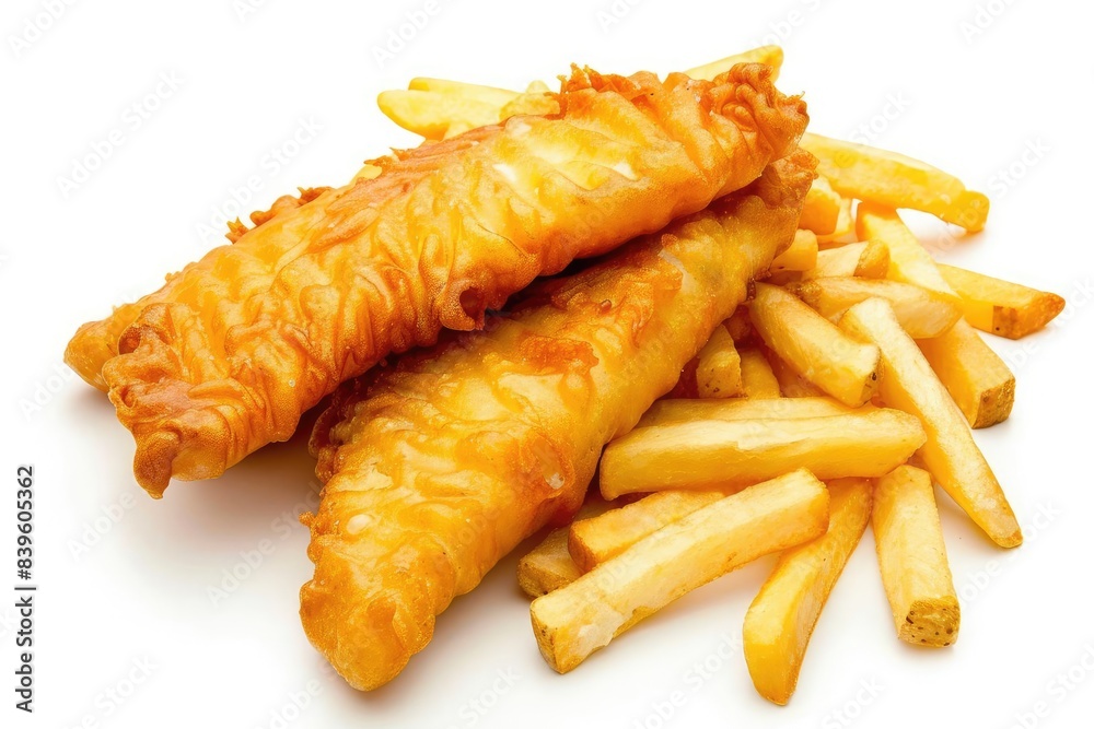Fototapeta premium Fish and Chips Battered fish fillets with a pile of fries