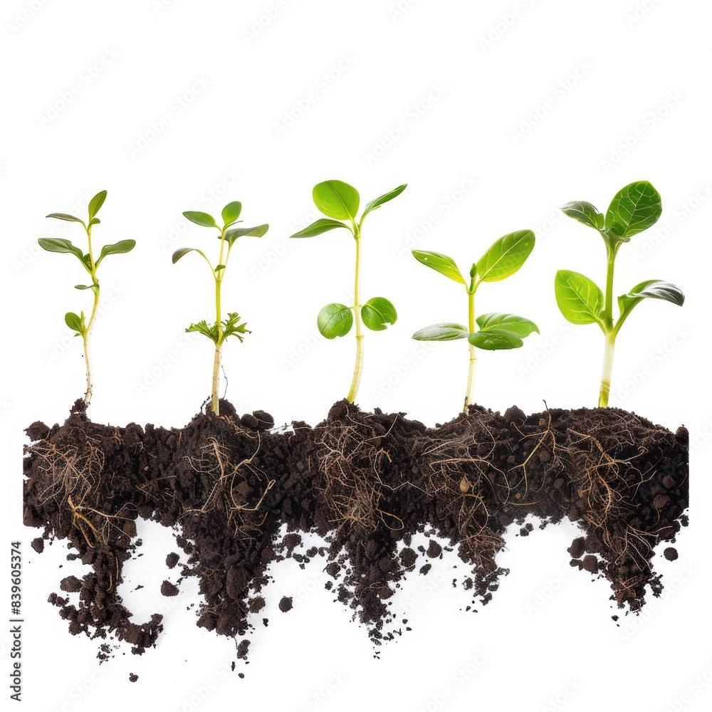 Young sprouts isolated, new plant side view, young green seedling in black earth pile closeup isolated Young sprouts isolated, new plant side view, young green seedling in black earth pile closeup isolated
