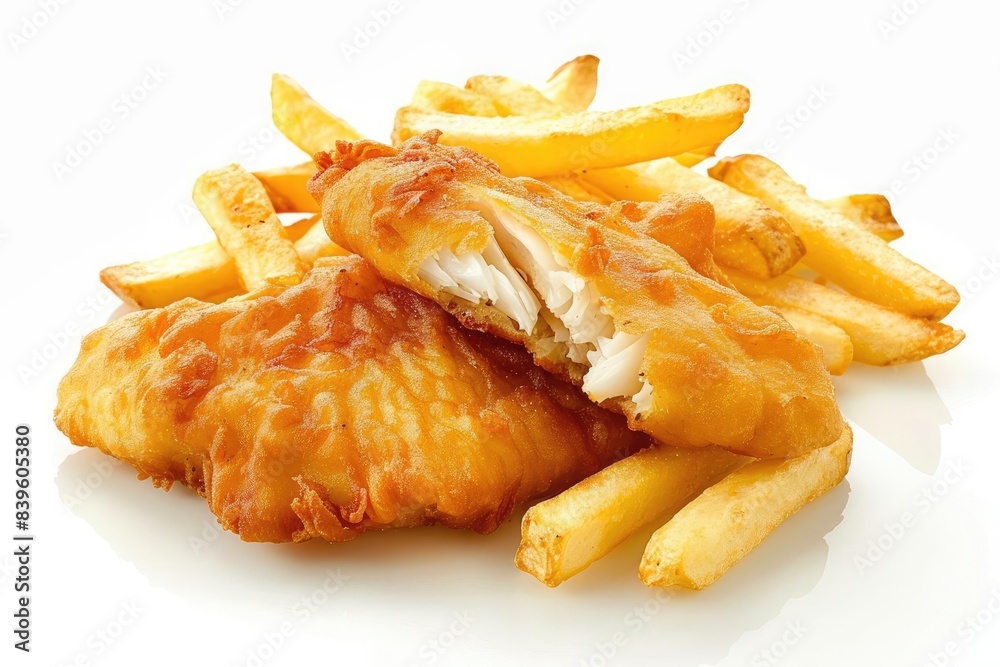 Fish and Chips Battered fish fillets with a pile of fries Fish and Chips Battered fish fillets with a pile of fries