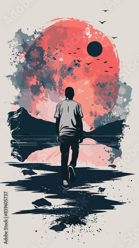Man running on the beach. Vector illustration in grunge style