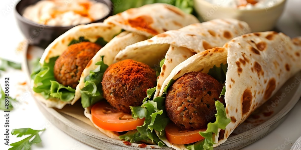 Savory Mediterranean-inspired Falafel Wrap with Hummus, Lettuce, Tomato, and Tzatziki. Concept Food photography, Mediterranean cuisine, Falafel wrap recipe, Tasty vegetarian meal Savory Mediterranean-inspired Falafel Wrap with Hummus, Lettuce, Tomato, and Tzatziki. Concept Food photography, Mediterranean cuisine, Falafel wrap recipe, Tasty vegetarian meal