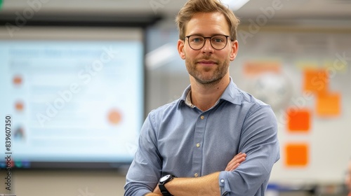 A man is presenting in a co...