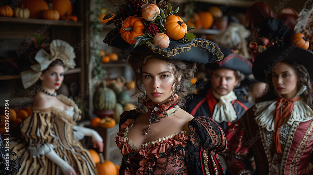 Fototapeta premium indoor Halloween costume party with guests dressed in elaborate costumes using Focus Stacking and HDR Imaging to capture the rich details and vibrant colors of the outfits