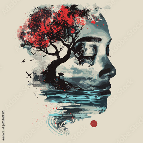 Double exposure of human head with tree and sea. Vector illustration