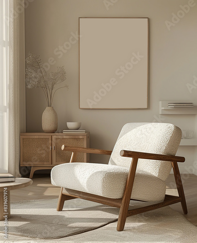Mockup of a poster frame set against a minimalist, modern living room interior, featuring Scandinavian design elements, armchair, chest of drawers, vase, frame