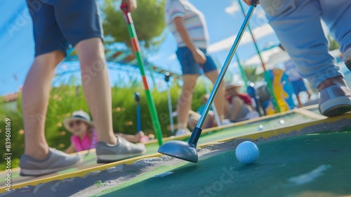 A vibrant, sunny day at a miniature golf course with families enjoying the activity. The focus is on a golf club and ball in play. photo