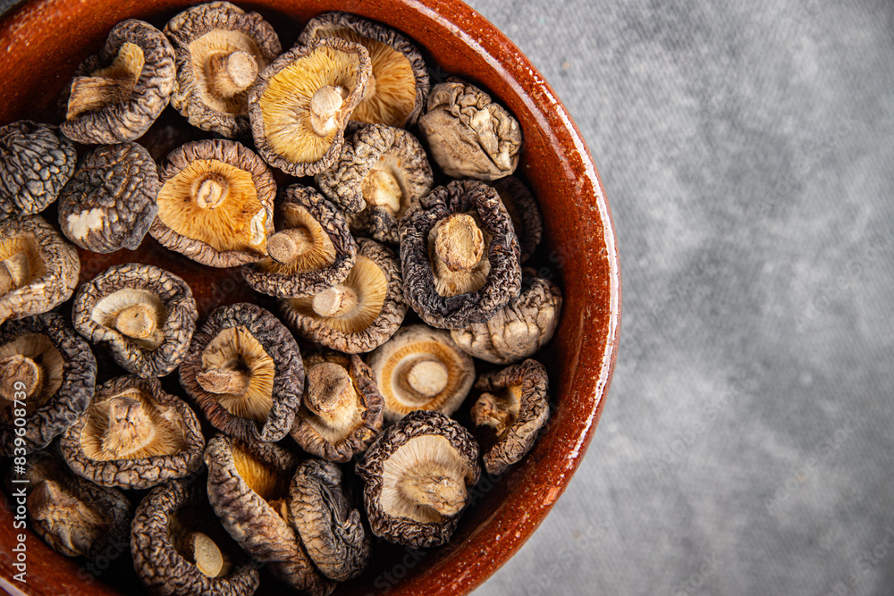 shiitake dried mushroom appetizer meal food snack on the table copy space food background rustic top view keto or paleo diet vegetarian vegan food shiitake dried mushroom appetizer meal food snack on the table copy space food background rustic top view keto or paleo diet vegetarian vegan food