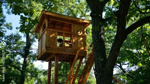 A child enjoys a summer day in a wooden treehouse nestled among lush green trees under a bright blue sky.