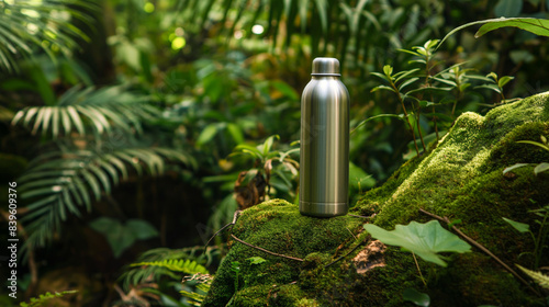 An elegant aluminum silver water bottle resting on a mossy rock, with the dense and thriving jungle foliage surrounding it.