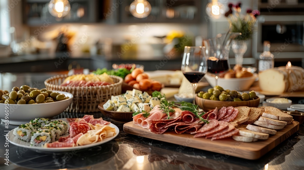 A table is set with a variety of food and drinks, including wine glasses A table is set with a variety of food and drinks, including wine glasses