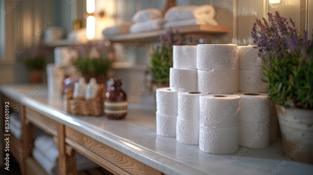 Fototapeta premium Toilet paper rolls stacked on marble table, close up view