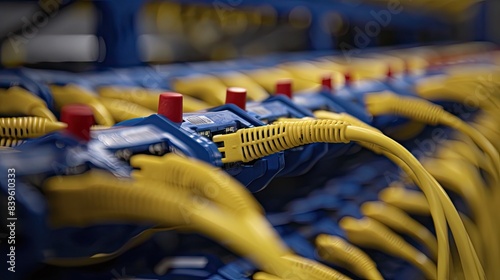 yellow network cables connected to an industrial switch in the data center, symbolizing connectivity and technology.