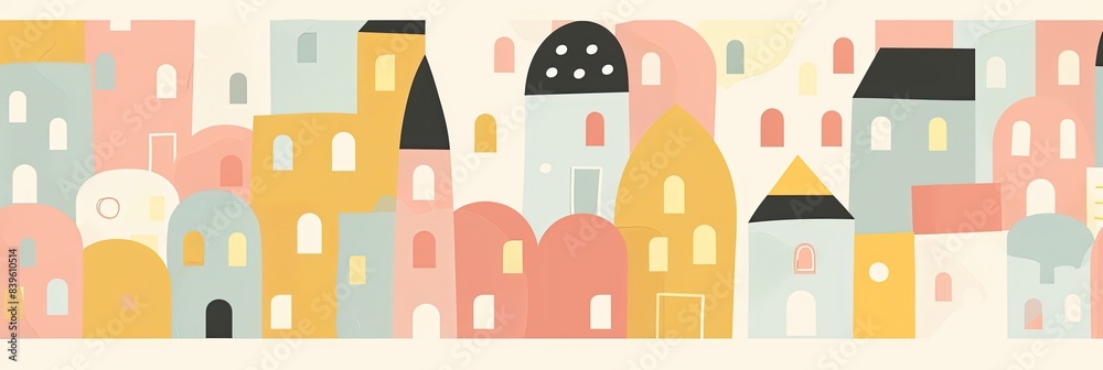 Simple, abstract shapes of cute houses in pastel colors, arranged in a minimalist pattern Simple, abstract shapes of cute houses in pastel colors, arranged in a minimalist pattern