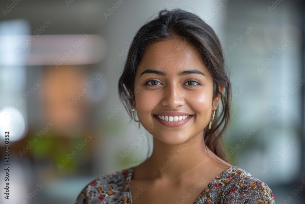 Woman smiling floral earrings room Woman smiling floral earrings room