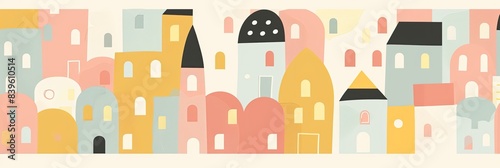 Simple, abstract shapes of cute houses in pastel colors, arranged in a minimalist pattern