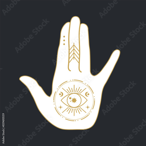 Celestial magical hand with a sacred eye symbol. Mystical boho concept. Vector illustration