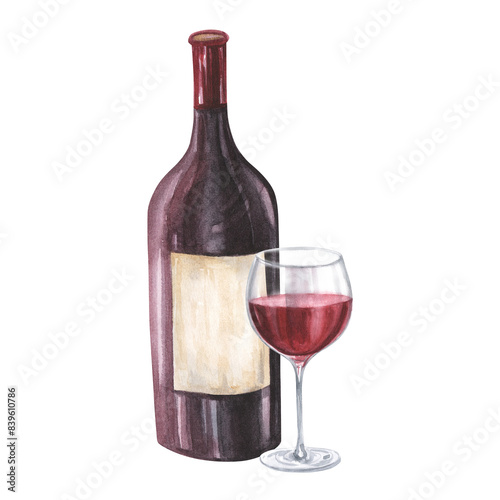 Bottle and glass of red wine watercolor illustration. Hand drawn isolated on white background. For restaurant, cafe, design, menu.