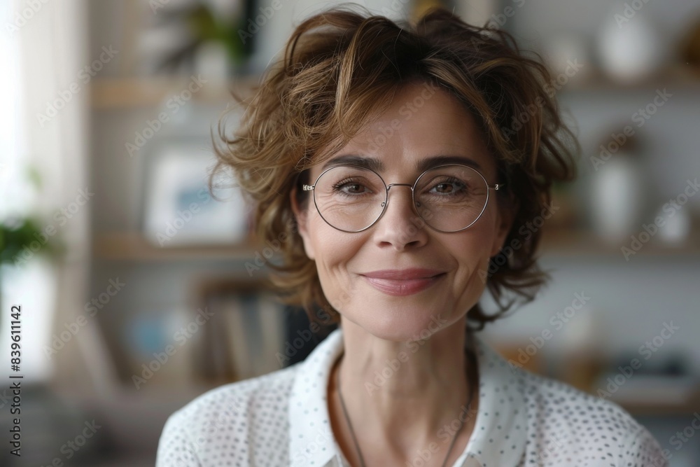 Woman in white shirt and glasses smiling indoors Woman in white shirt and glasses smiling indoors