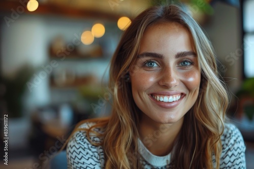Blonde woman with blue eyes smiling at restaurant